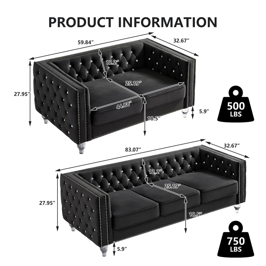 2 Piece Chesterfield Sofa Couch Set, Luxury Crystal Button Tufted Sofas with Silver Nailhead Trim Set of 2, Including