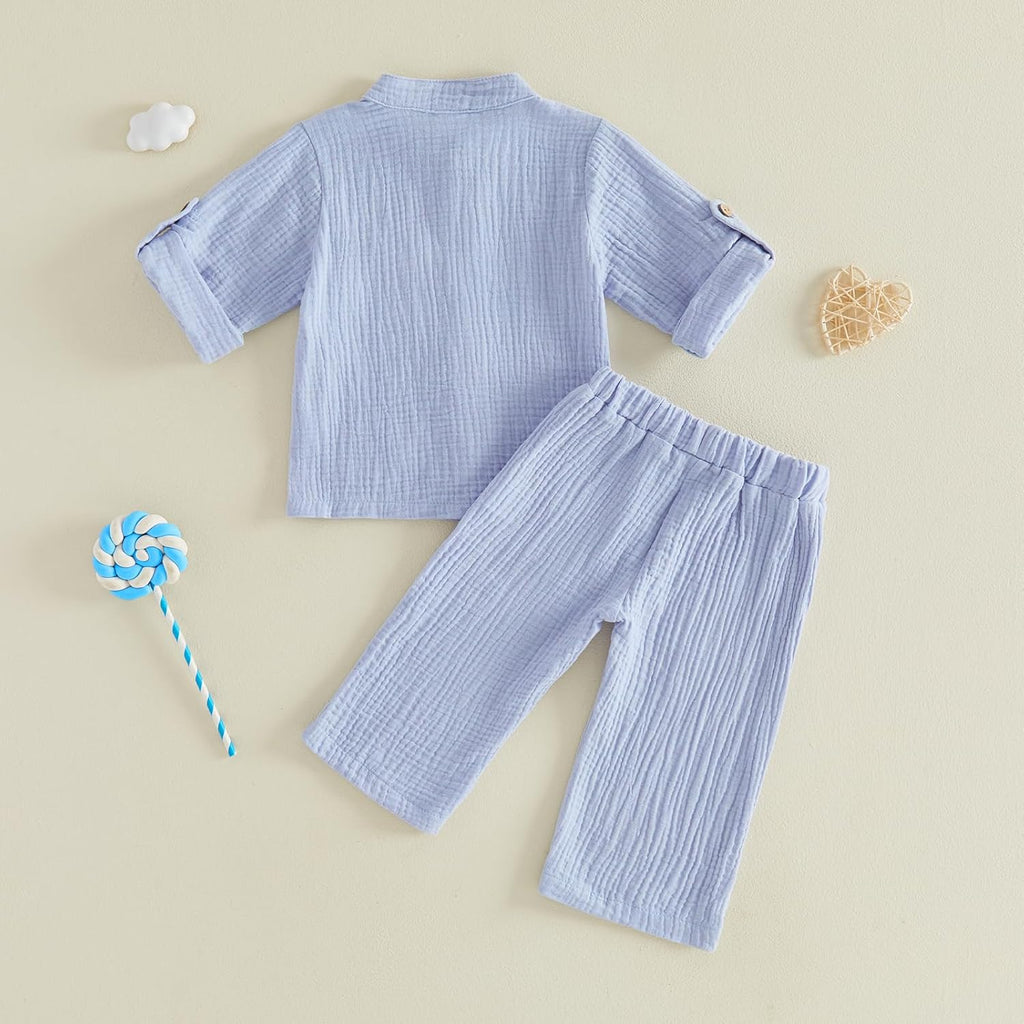 Baby Boy Cotton Linen Outfit Fall Winter Long Sleeve Button Down Henley Shirt Linen Pants Toddler Boys Clothes Set
