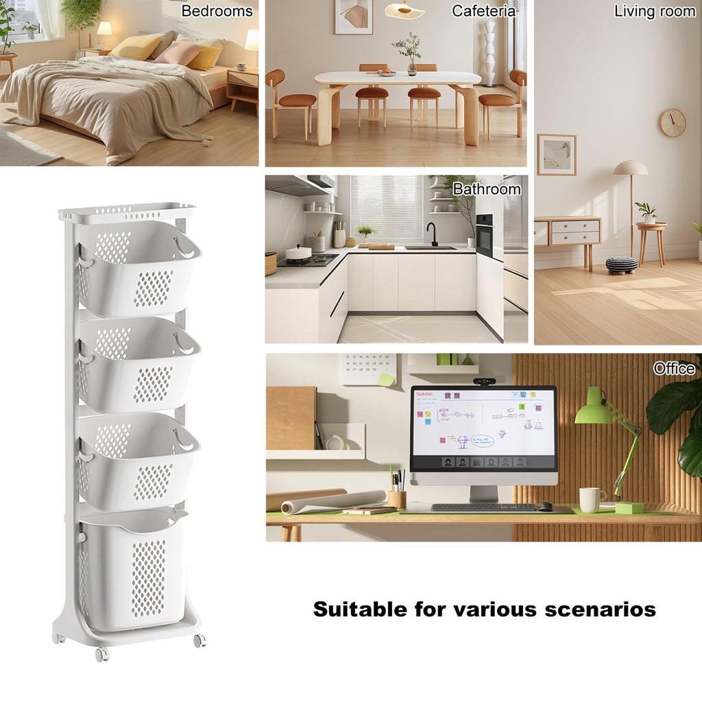 4-Tier Laundry Hamper Sorter with Rolling Baskets White