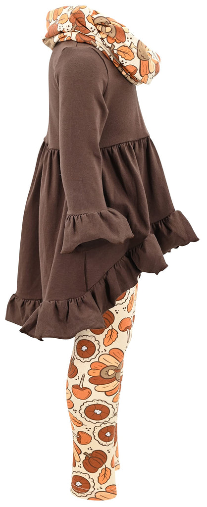 Girls 3 Piece Turkey Pie Thanksgiving Clothes Legging Outfit (, Brown)