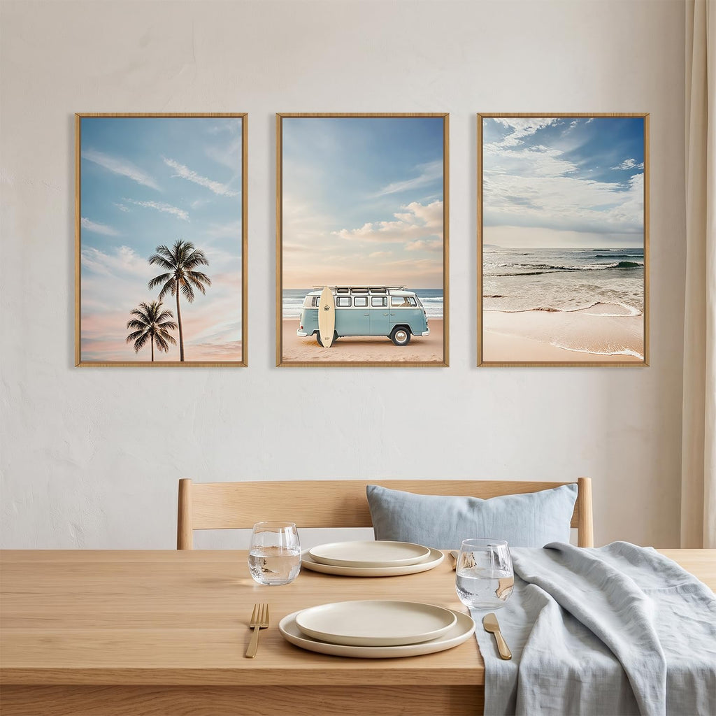 Large Ocean Beach Surfboard Framed Canvas Wall Art Set -16"x24"x3