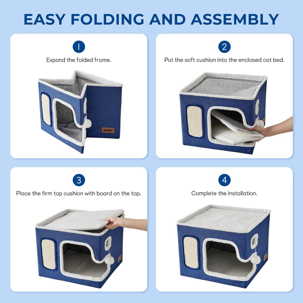 Cat Beds for Indoor Cats - Large Cat House for Pet with Fluffy Ball Hanging and Scratch Pad, Foldable Cat