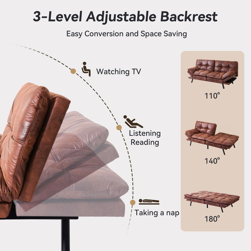 Saddle Brown Faux Leather Futon Sofa Bed, Convertible Futon Couch