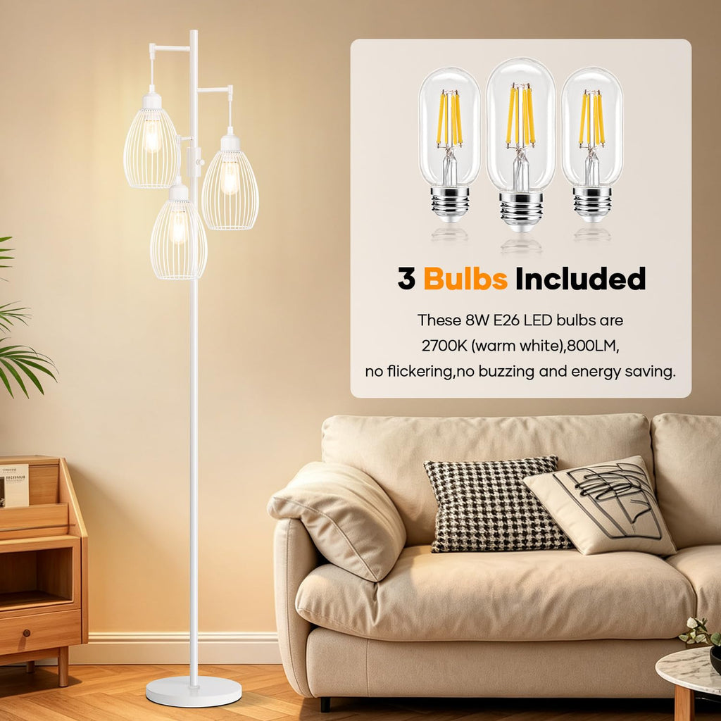 Dimmable Floor Lamp, 3 x 800LM LED Edison Bulbs Included, Floor Lamp Standing Lamp with Elegant Teardrop Cage Heads