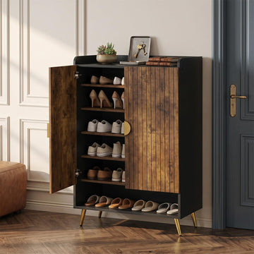 Shoe Storage Cabinet with Doors, Adjustable Shelves, Rustic Brown