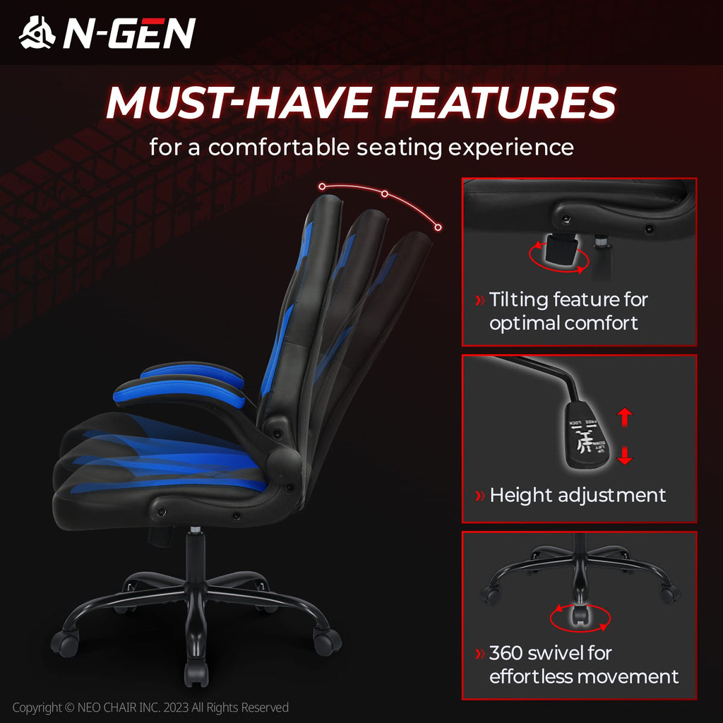Gaming Chair, Lumbar, PU Leather, Flip-Up Arms, Classic Blue