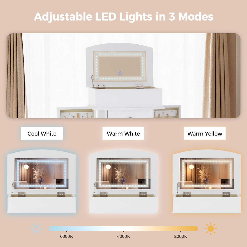 Jewelry Cabinet with LED Mirror and 6 Drawers, White