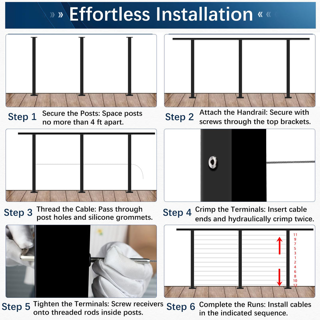 16-20FT Modular Cable Railing Post Kit for Deck Surface Mount 42Inch