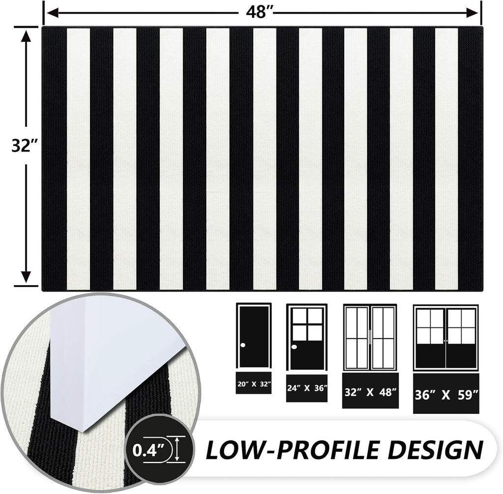 Black and White Outdoor Rug,32"x48" Front Porch Rug Absorbent Rubber Backed Non Slip Striped Rug Machine Washable