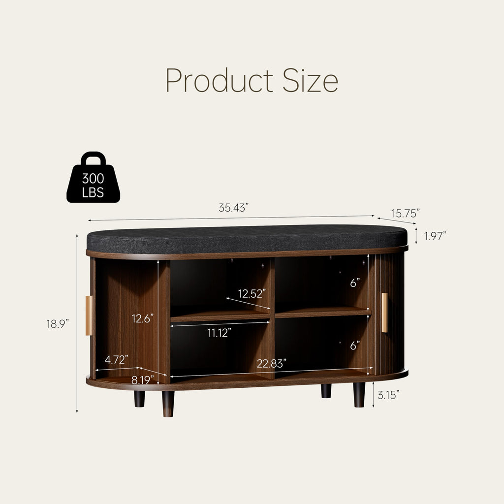 2-Tier Storage Bench, Wide Shoe Bench with Thickened Padded Seat Cushion, Mid Century Modern Fluted Sliding Door and