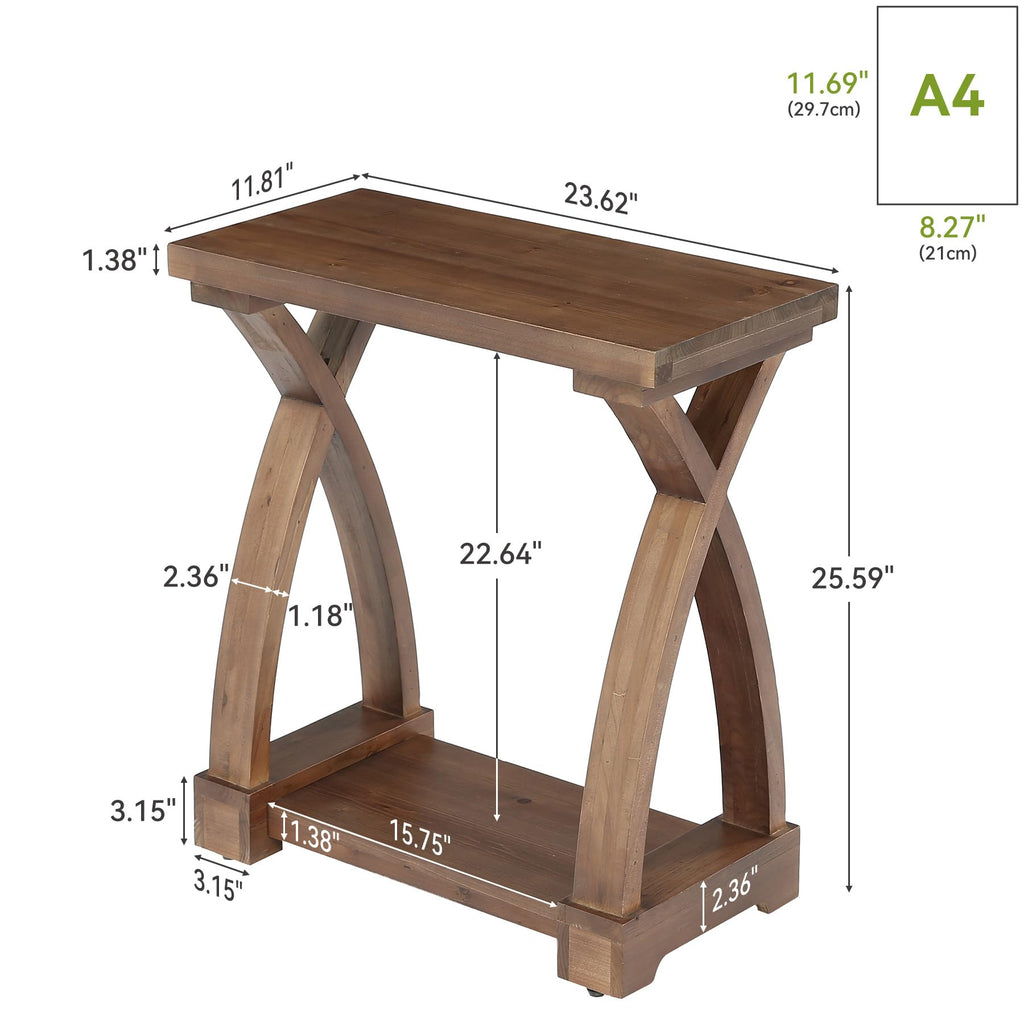 Solid Wood End Table, 2-Tier Small Side Table with Storage Shelf