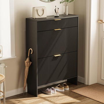 Fluted Shoe Cabinet Storage with 2 Flip Drawers & 1 Drawers, Wood Narrow Hidden Shoe Cabinet, Freestanding Slim Shoe