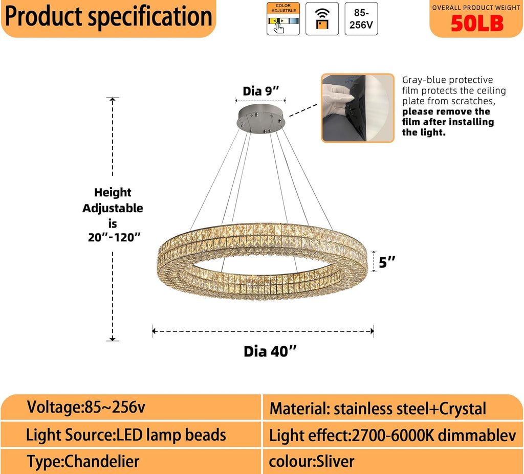 Led Ring Crystal Chandelier for Living Room, Modern Dimmable Chandeliers Lighting and Hanging Adjustable, LED Round Ceiling Chandelier for Dining Room (40inch,Black) A122-B0C3V24QKC