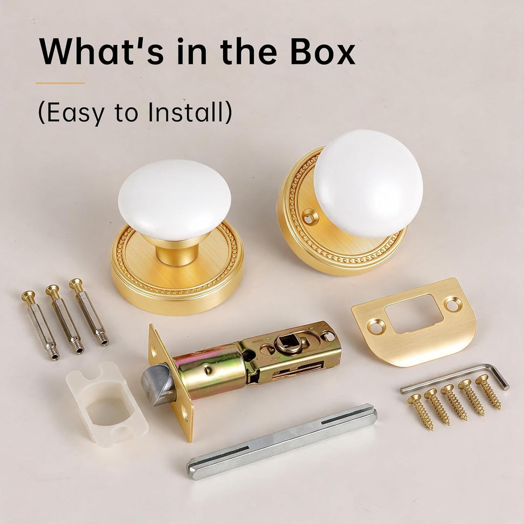 White Porcelain Door Knob with Gold Base,1 Pack