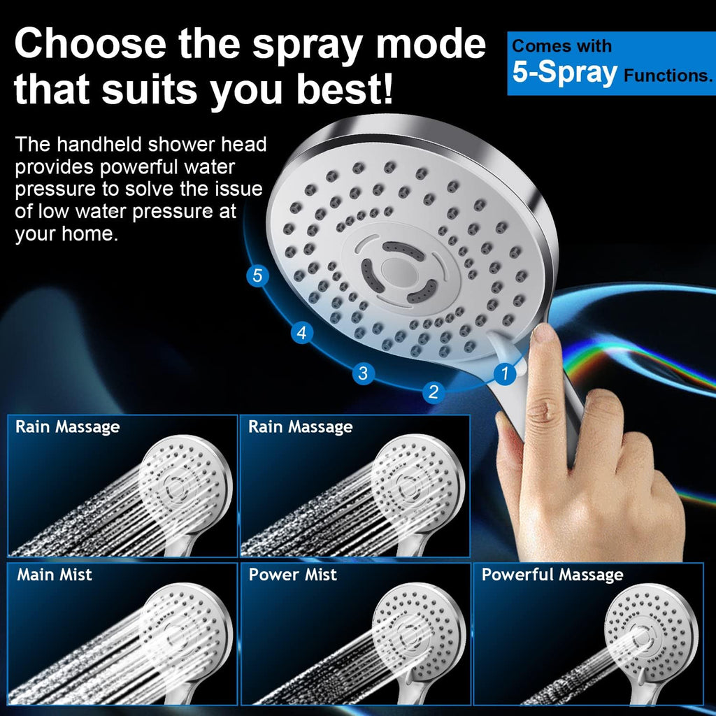 Shower Head Combo,10 Inch High Pressure Rain Shower Head with 11 in Adjustable Extension Arm and 5 Settings