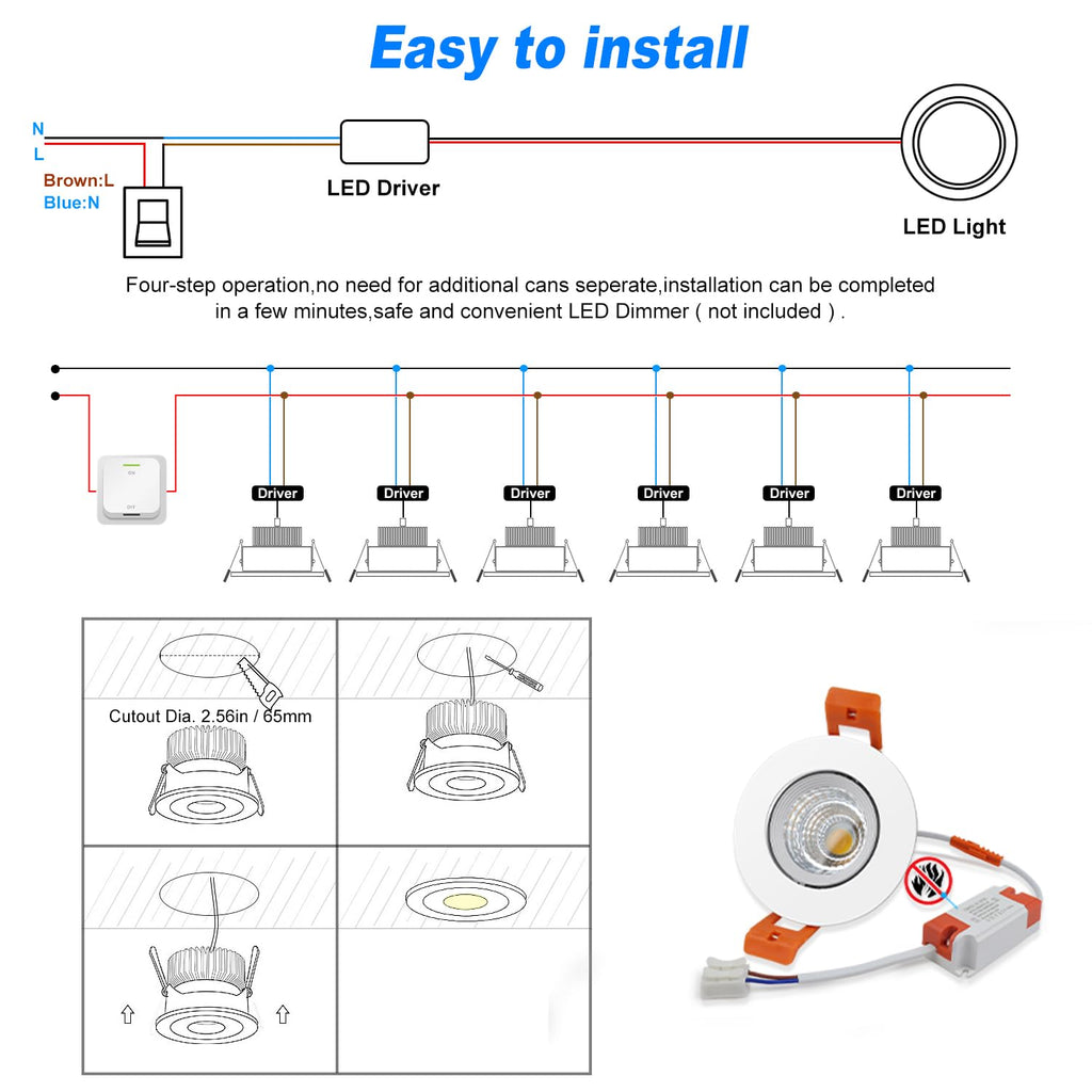 2inch LED Dimmable Downlight, 3W COB Recessed Ceiling Light, Ultra Warm White 2700K, CRI80, 25W 220LM Halogen Bulbs