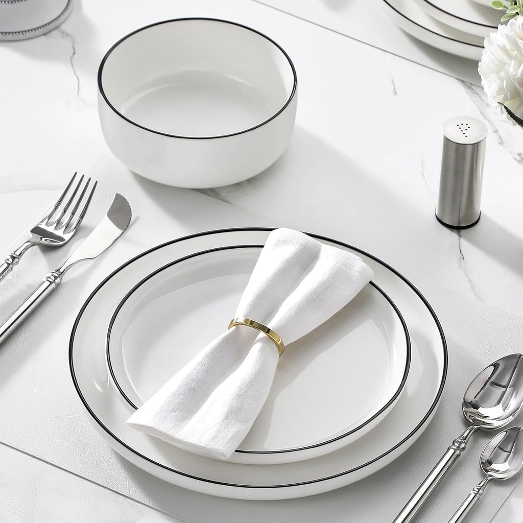 Plates and Bowls Sets, 24 Pieces Modern Porcelain Dinnerware Set for 8 White Kitchen Dinner Dining Ware Set wtih Black
