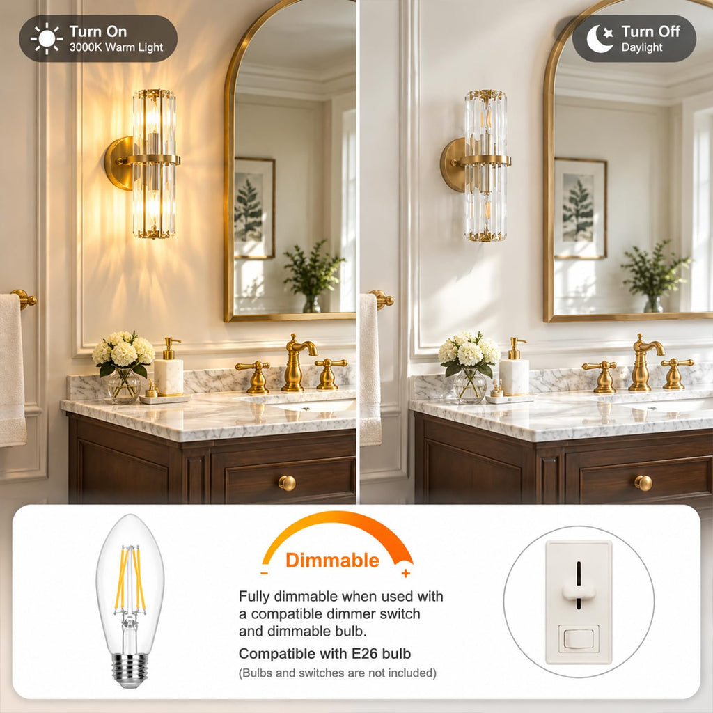 Gold Crystal Wall Sconces 11.8-Inch Modern Luxury Bathroom Sconces Light