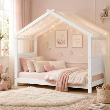 Montessori Floor Bed Frame, Solid Wood Kids House Bed Without Rails, Open Concept Toddler House Bed with