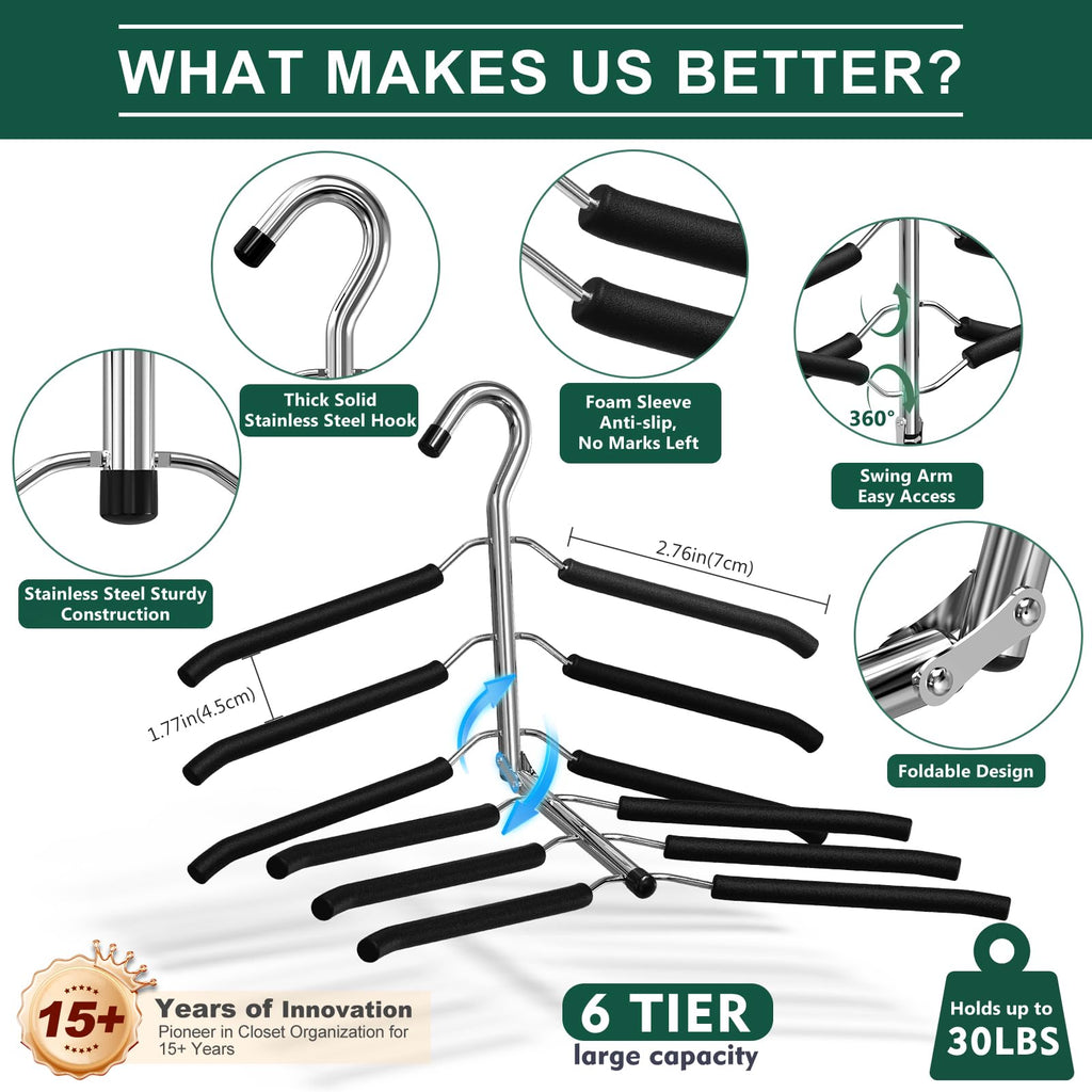 Clothes Hangers Space Saving: 6 Tier Coat Hanger Space Saving Hangers Non Slip Foam Padded Hanger, 3 Pack Black Metal