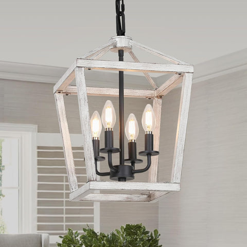 4 Light Rustic Chandelier, Farmhouse Lantern Fixture with Brushed White Oak Cage and Adjustable Chain, E12 Base Geometric Hanging Light Fixture Ceiling lighting for Entryway Kitchen Island, Indoor Use A128-B0C14G3X6J