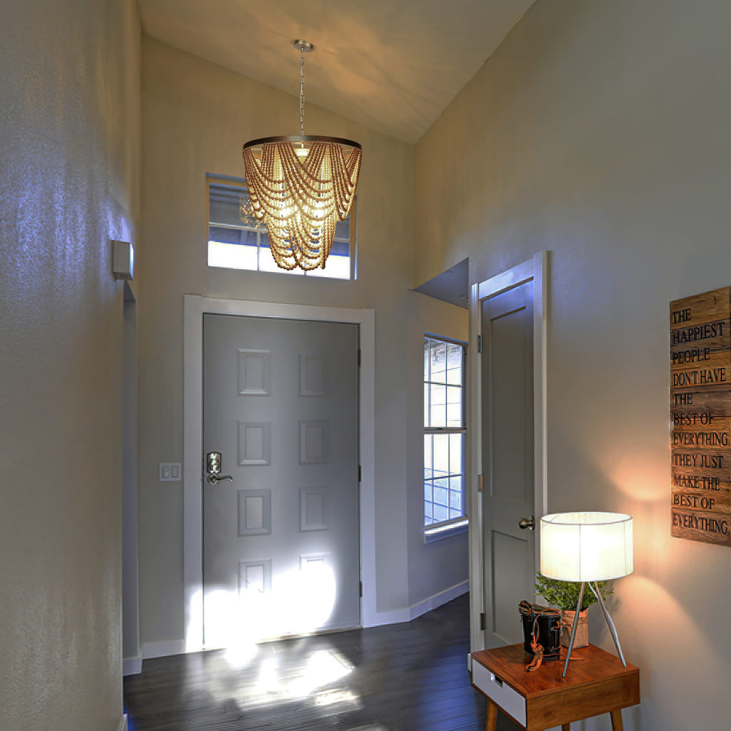 6-Light Bohemia Wood Beaded Chandelier, Coastal Pendant Light, Modern Farmhouse Light Fixtures, Gold and Oak Finish