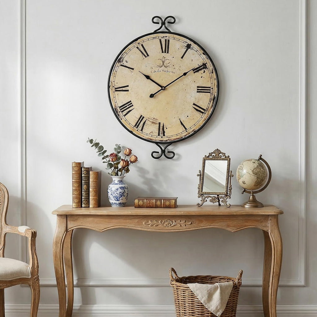 24 Inch Large Farmhouse Wall Clock, Wrought Iron Frame with Retro Gold Finish, Silent Battery Operated Wall Clocks