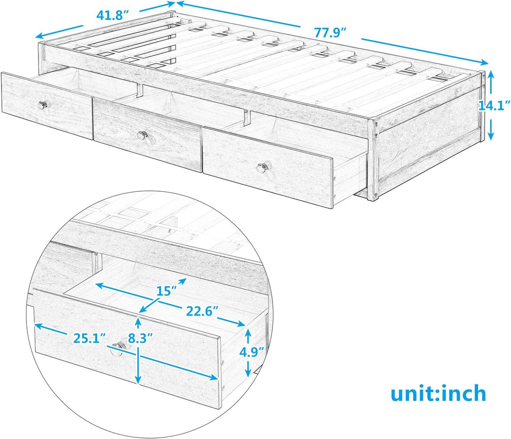 Twin Size Japanese Wood Bed Frame with 3 Storage Drawers (Oak)