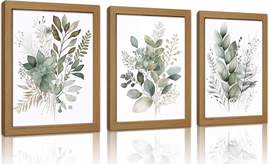 Sage Green Botanical Wall Art Set of 3, Eucalyptus Leaf Canvas Prints, Minimalist Watercolor Style Boho Nature Plant