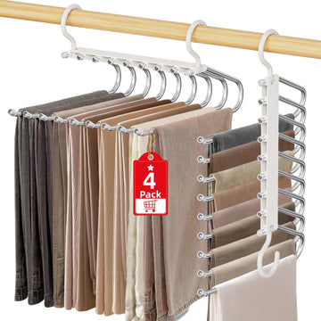 Upgrade 9 Layers Pants Hangers Space Saving, 4 Pack Pant Hangers Organizer Multifunctional Pants Rack Space Saver