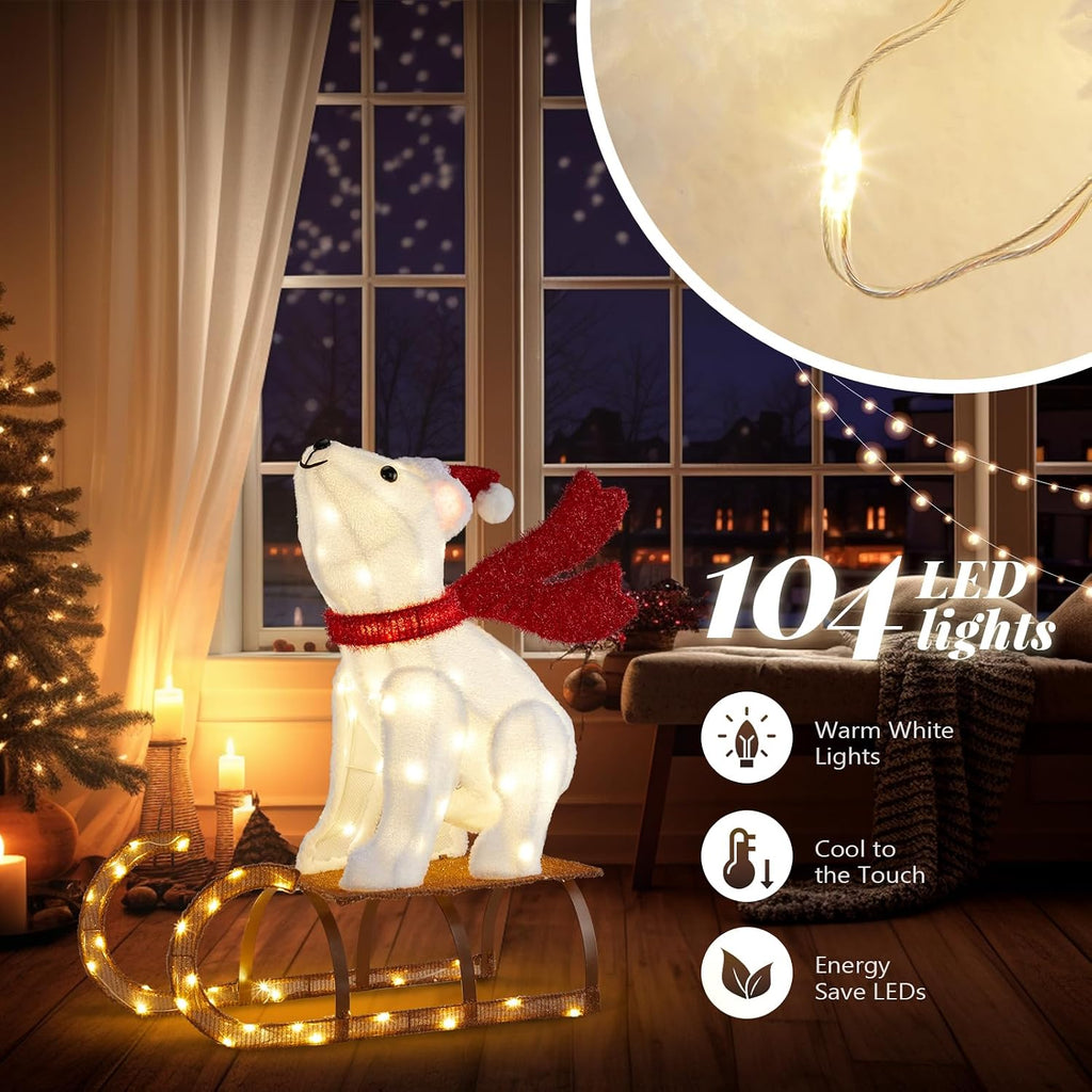 2.8FT Lighted Sleigh Polar Bear Christmas Outdoor Decorations, Christmas Yard Decorations with 104 Prelit LED, Light