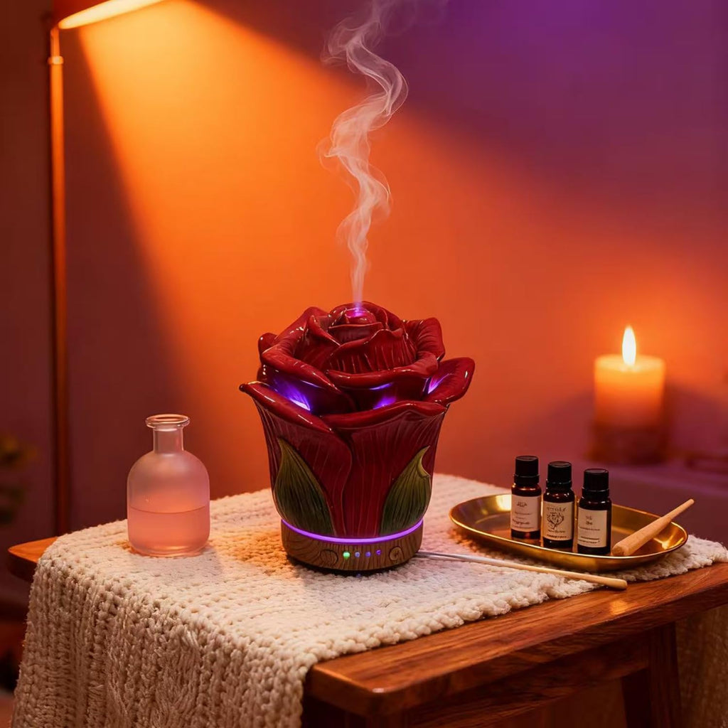 Ceramic Hand-Painted Rose Essential Oil Diffuser, 80 ml Timers Night Lights and Auto Off Function Home Office