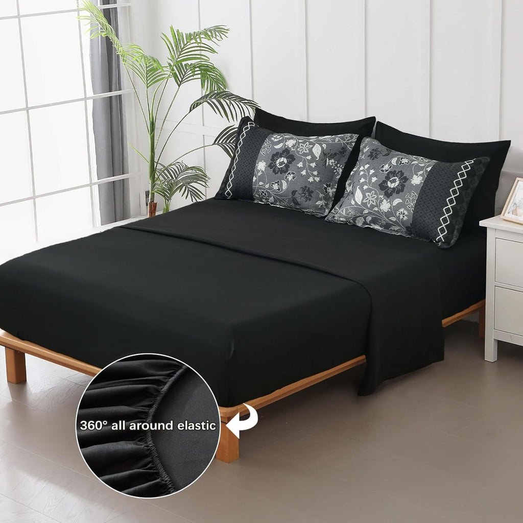 Black Comforter Set Queen, 7 Pieces Bed in a Bag Floral Geometric Patchwork Soft Microfiber Comforter Bedding Set with