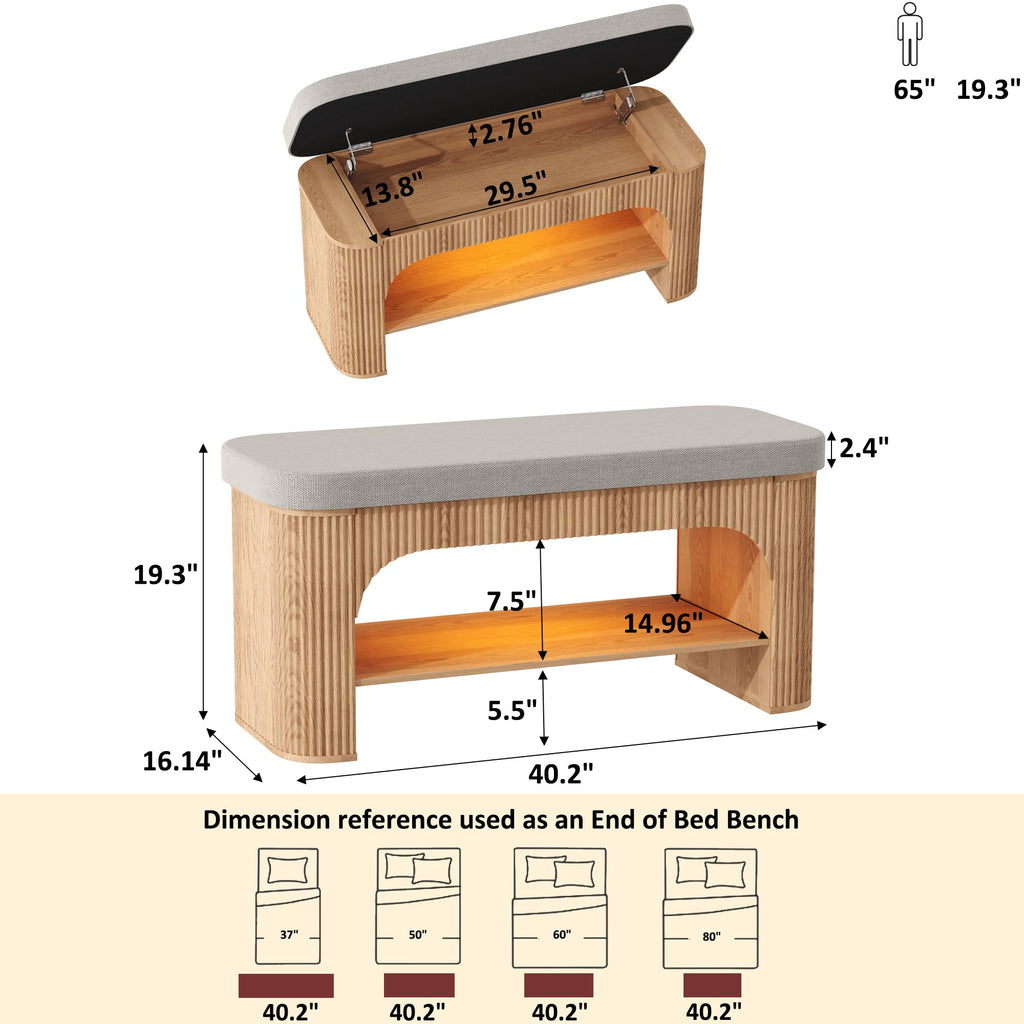 40.2" Fluted Storage Bench with Built-in LED Light, Flip-Top Shoe Bench with Cushioned Seat and Open Storage
