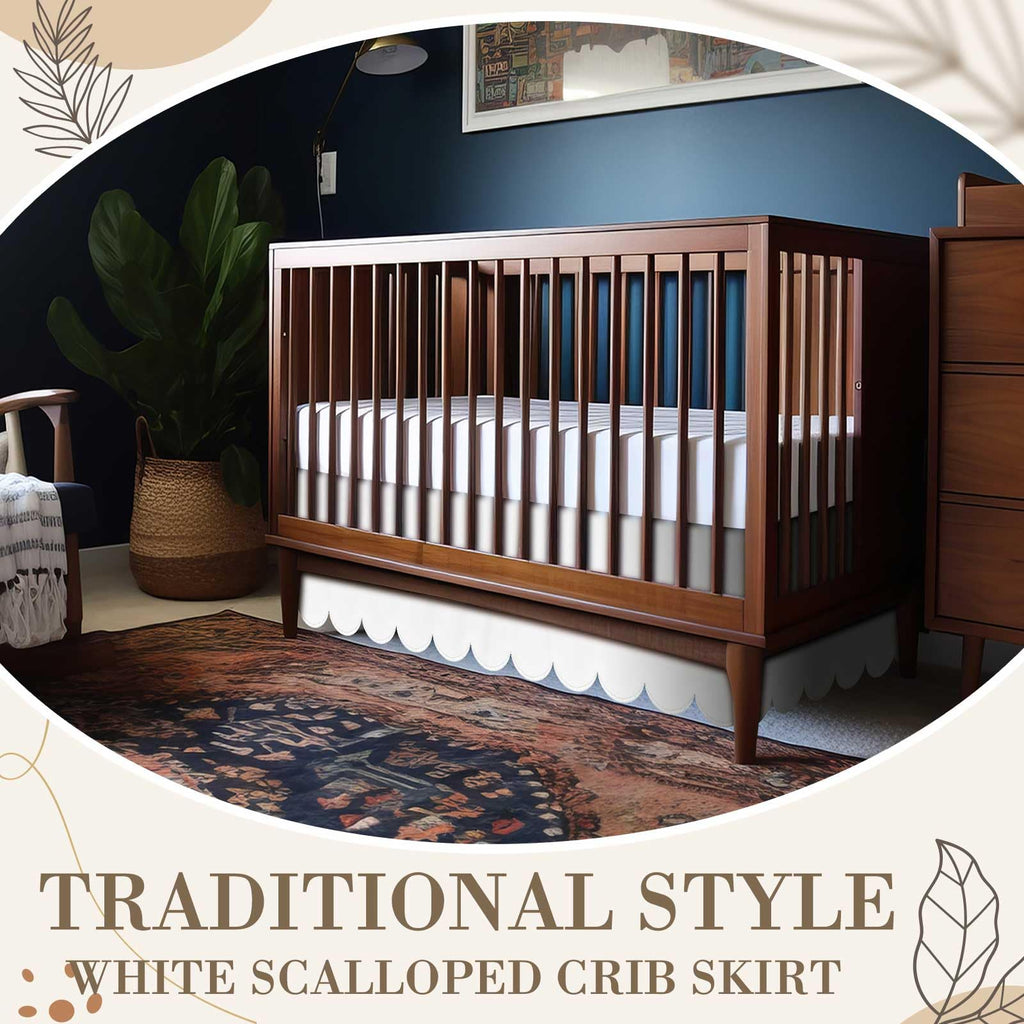 28 x 52 Inch White Scalloped Crib Skirt, 14 Inch Drop