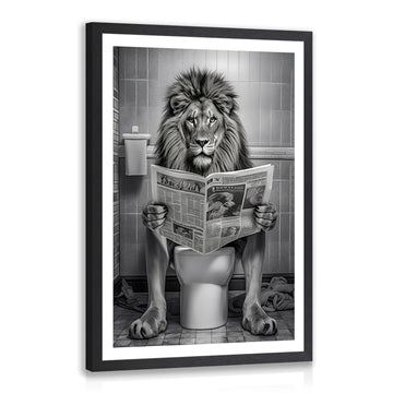 Wood Framed Funny Lion Bathroom Wall Art, Lion Reading Newspaper Toilet Wall Decor, Black and White Bathroom Canvas