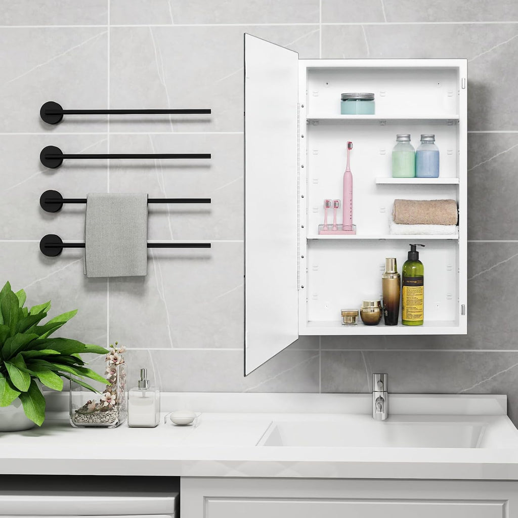 White Metal Medicine Cabinet, 18 x 30 Beveled Mirror, Surface Mount Storage | 18 x 30 Mirrored Medicine Cabinet with