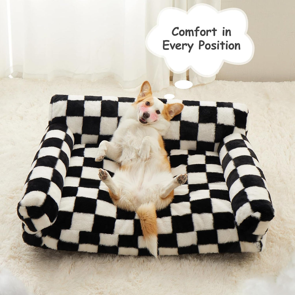 Large Dog Couch Bed, Cute Pet Sofa with Non-Slip Bottom, Checkered Dog Bed with Washable Cover, XL Pet Couch