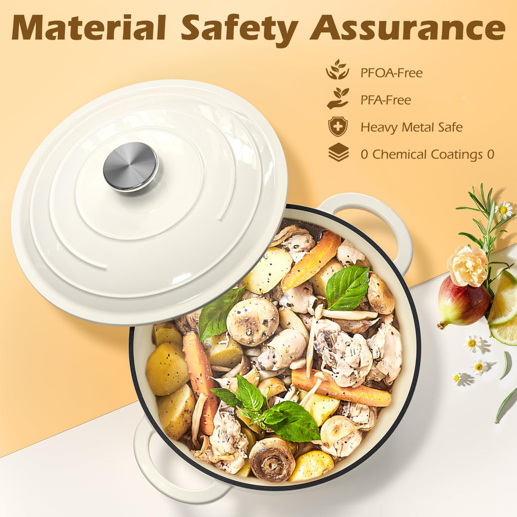 Enameled Cast Iron Dutch Oven-7QT Pot with Lid Cookbook & Cotton, Heavy-Duty Cookware for for Bread Baking, Braising
