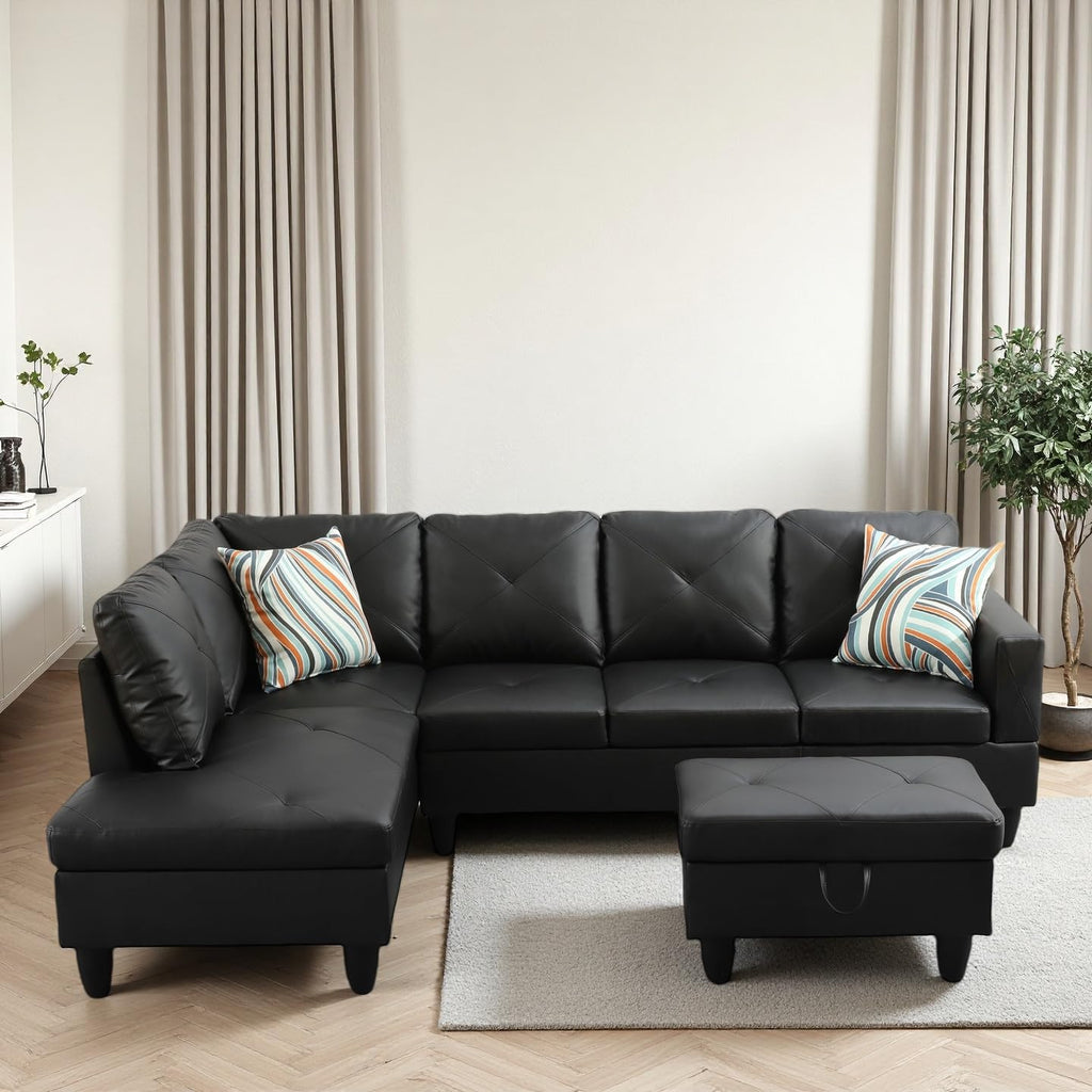 97" L-Shaped Sectional Sofa with Movable Chaise & Storage Ottoman, Leather 3-Piece Modular Convertible Couches, Black