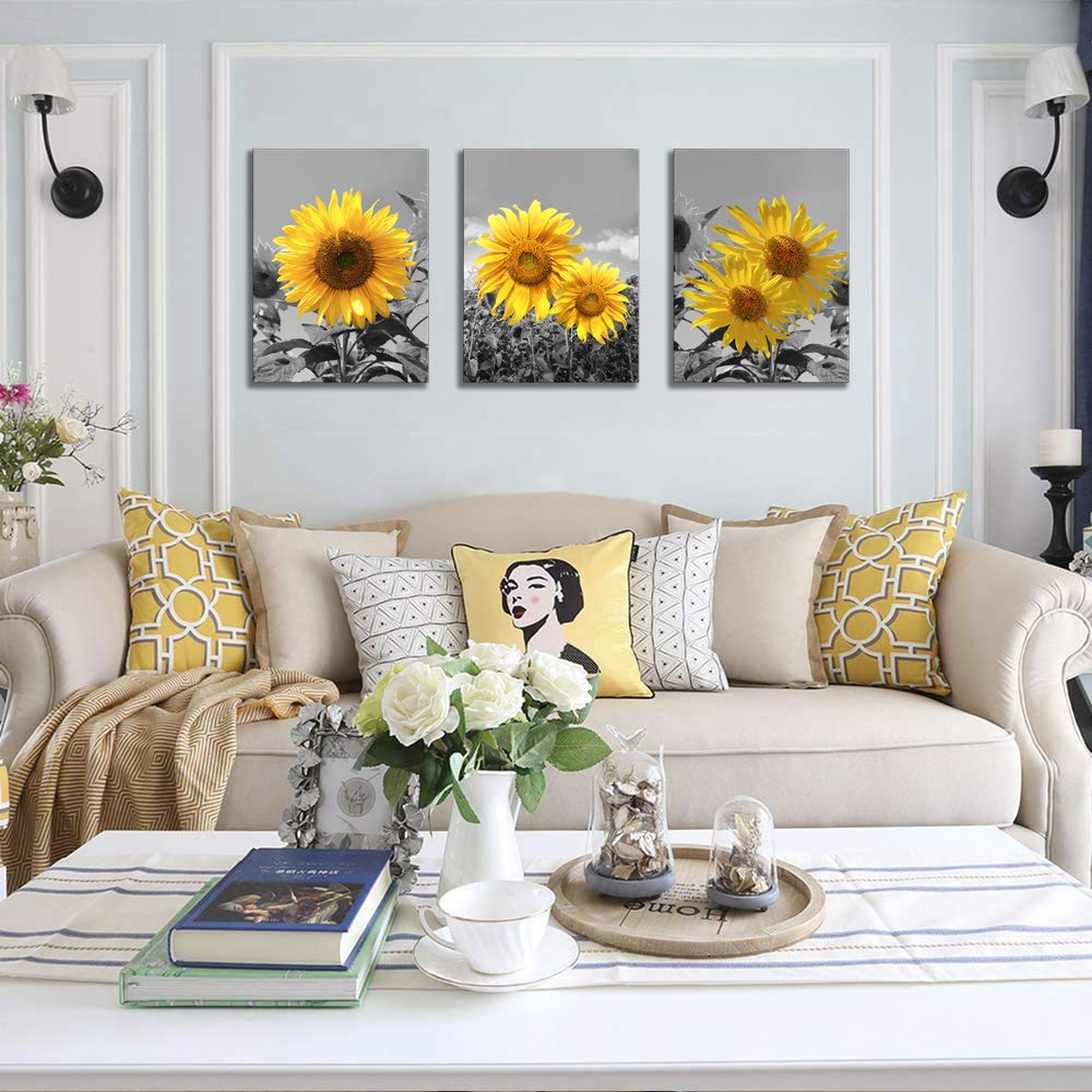 Sunflower Wall Art Black White Flowers Wall Decor Yellow Floral Canvas Prints Painting Wood Frame with Hook