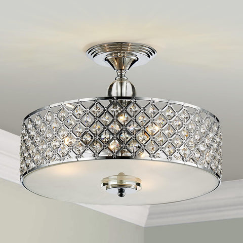 Semi Modern Flush Mount Ceiling Chandelier, 3-Lights K9 Crystal Ceiling Light Fixture for Dining Room, Livingroom, Bedroom, H11 x D15.4, Chrome Finish A100-B01LY7MK9E