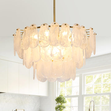 Modern Gold Glass Chandeliers, 23.6" Luxury Cloud Pendant Light Fixture, 3-Layer Round Ceiling Hanging Light Fixture