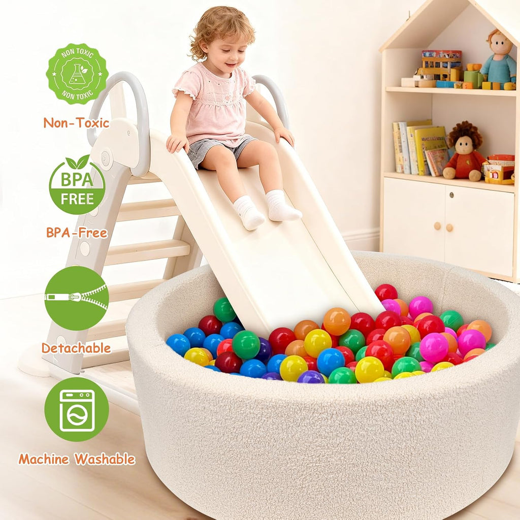 Kids Foam Ball Pit for Toddlers, Teddy Fleece Cover, Beige