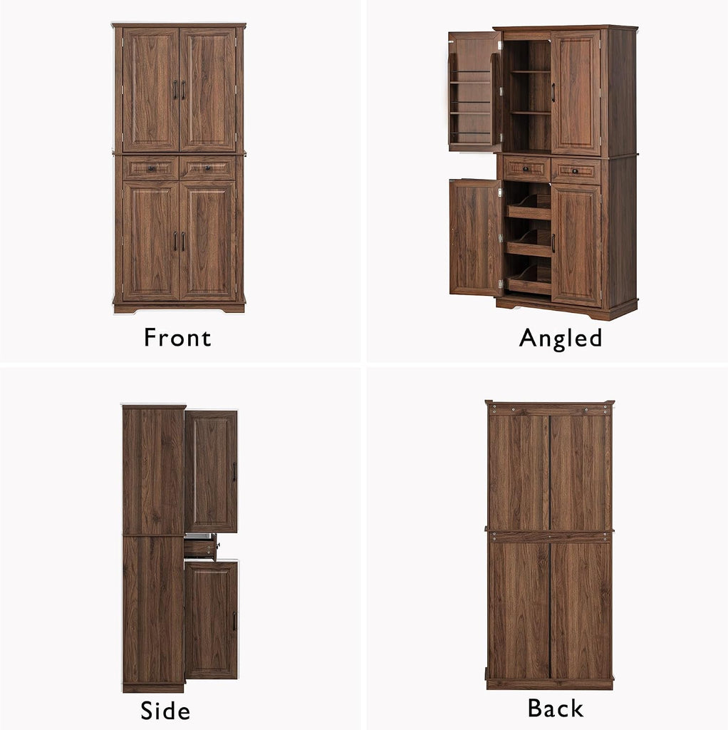 71" Farmhouse Pantry Cabinet with Pull Out Shelves & Drawers | Embossed texture, 3 pull out organizers, 6 door