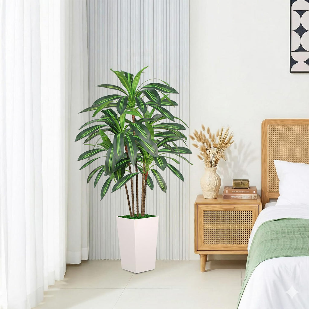 Artificial Dracaena Tree 5FT with White Tall Planter, Realistic Faux Tropical Plant with Lifelike Green Leaves