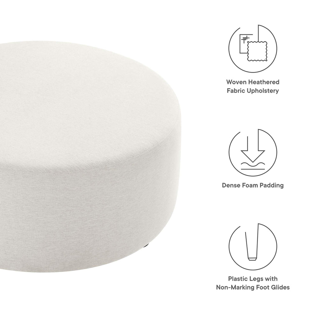 Callum 38 Inch Round Ottoman in Ivory Fabric - Heathered Woven Fabric - Versatile Upholstered Coffee Table and