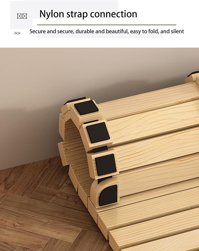Folding Wooden Bed Frame, Floor Platform Bed with Roll-Up Slatted Base, Natural Solid Wood Tatami Futon Frame