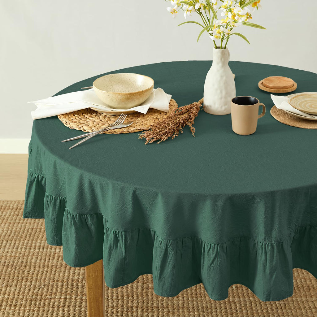 Ruffle Farmhouse Rustic Round Natural Stonewashed Cotton Tablecloth, Restaurant (60" Round, Teal Green)
