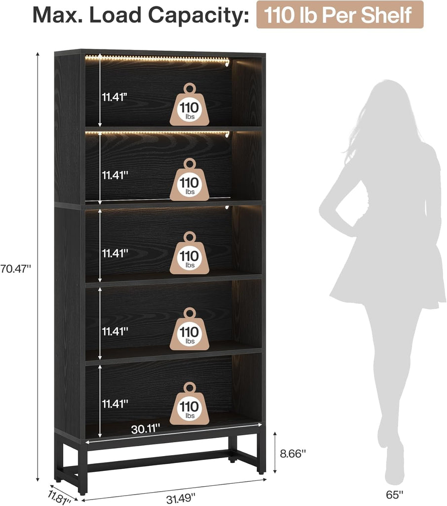 Tall Bookcase Black Bookshelf, 70.8” Large Bookcases Organizer with LED Lights